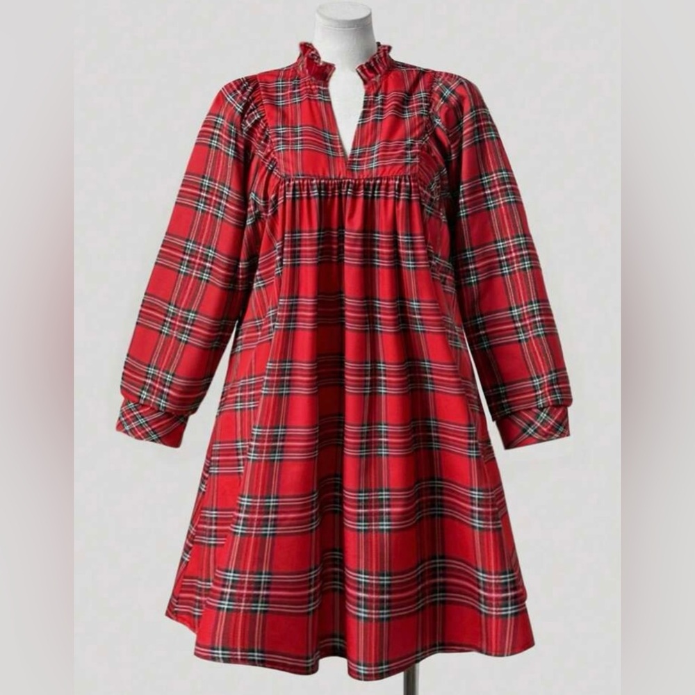SHEIN Red Plaid Long Sleeve Ruffle Neck Dress